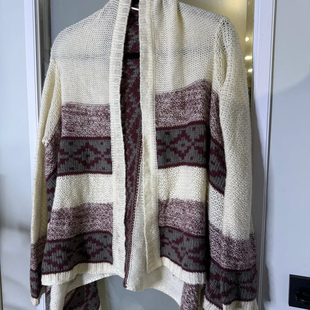 Charlotte Russe Open Cardigan Off-white Burgundy Striped Waterfall Size S